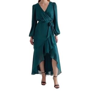 Express Teal Green Satin Ruffle High Low Faux Wrap Dress Long Sleeve‎ Size S